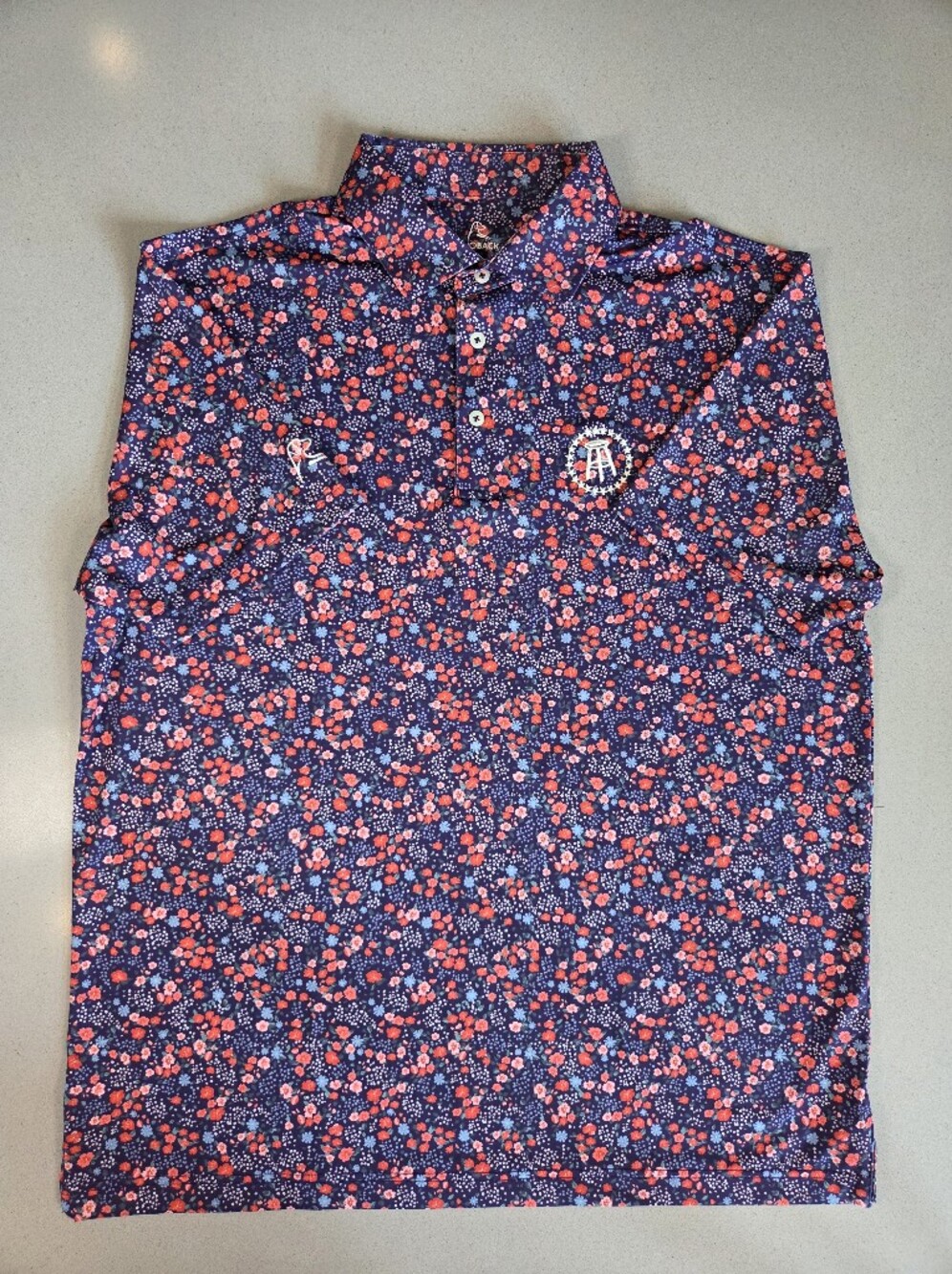 Rhoback/ Barstool Sports Collab Navy Polo Shirt with Red & Pink Floral Print